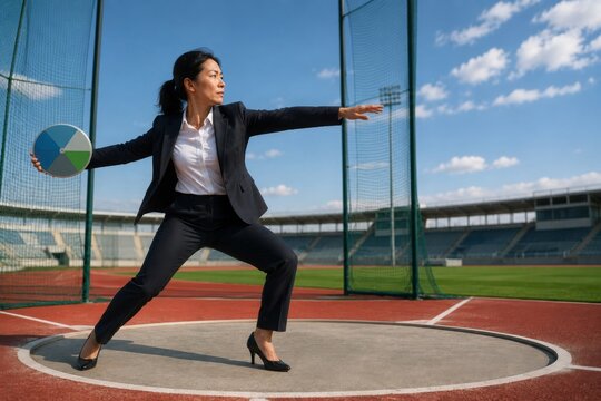 Executive Throwing a Discus Shaped Like a Pie Chart