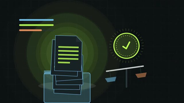 Abstract animated evidence weighed to resolve a dispute drawn as green and teal lines and shapes on a deep dark background. Seamless looping 4K motion graphics video with free space for text, ideal fo