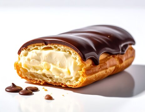 Cream filled chocolate eclair side view.