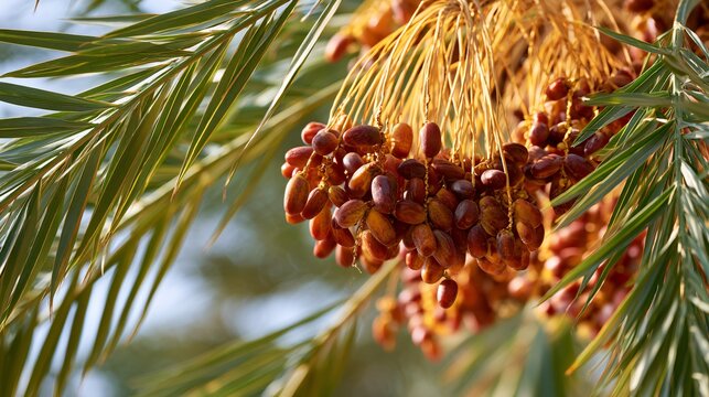 A palm grove composition featuring ripe date palm fruit hanging naturally beneath lush green fronds under brilliant desert sunlight