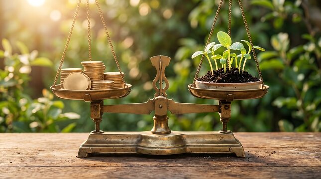 Vintage brass balance scale comparing stack of gold coins against healthy green plant sprouts, symbolizing financial growth and prosperity, outdoors.