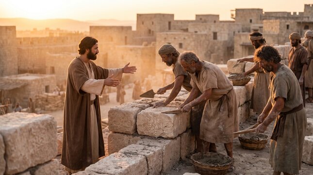 Prophet Nehemiah encouraging Judean stonemasons laying heavy blocks with trowels to rebuild Jerusalem stone walls, biblical photo.