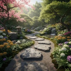Obraz premium Tranquil Japanese garden with stone path, cherry blossoms and waterfall
