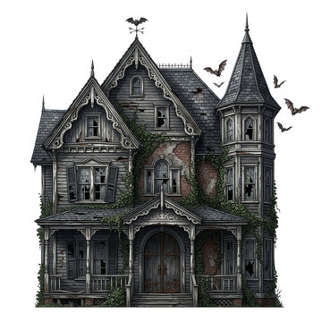 Spooky Victorian Haunted House with Gables, Turrets, and Bats Flying Around on Transparent Background