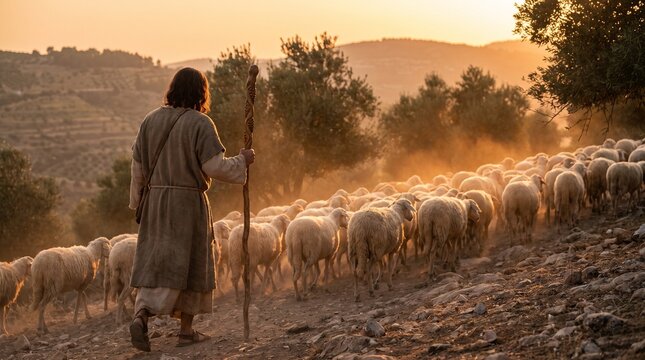 Jesus Christ as Good Shepherd holding wooden staff leading flock of sheep along mountain path at golden hour sunset, Psalm 23 photo.