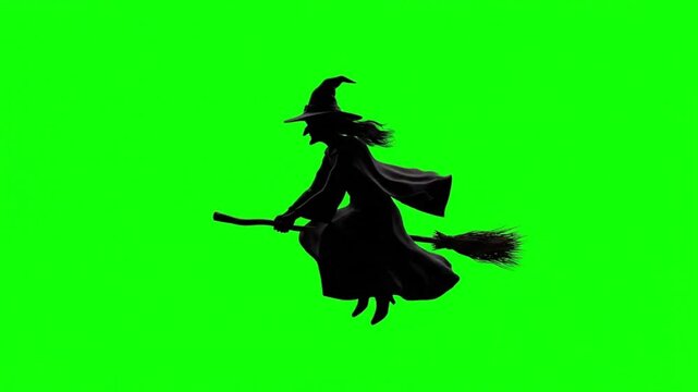 Witch flying on broomstick on a green screen background,chroma key