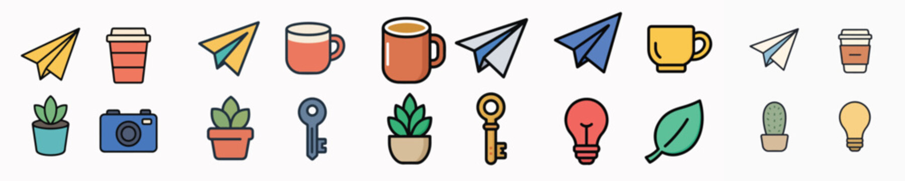 set of vector icons of random objects such as paper airplanes, neon lights, and plants complete with pots