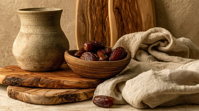 A rustic artisan composition featuring date palm fruit displayed beside handmade pottery, olive wood serving boards, and natural linen fabrics
