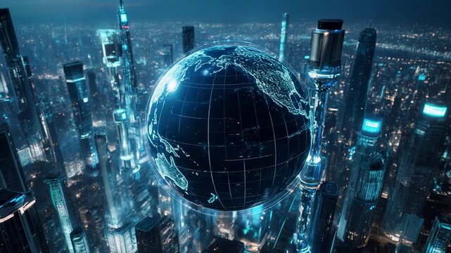 Digital Earth rotating over futuristic cityscape with glowing data streams during nighttime cinematic motion