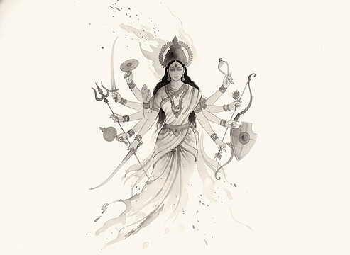 Ink wash painting of goddess durga with ten arms