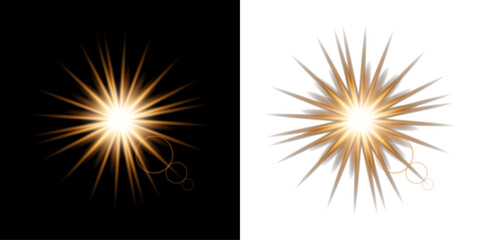 Fototapeta premium Golden starburst light effect with lens flare isolated on black and white backgrounds for graphic design projects
