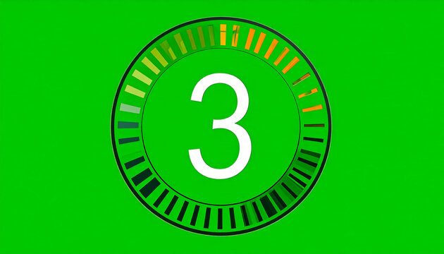 Countdown Timer with Number 3 Displayed in a Circular Progress Bar on a Green Screen Background for Video Editing and Motion Graphics