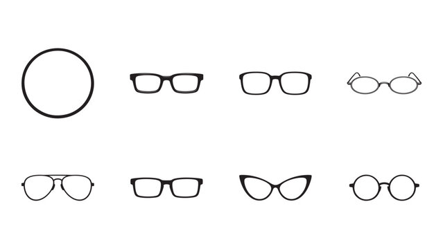 Retro eyeglass frames solid glyph icon set featuring vintage eyewear shapes, bold vector EPS designs.