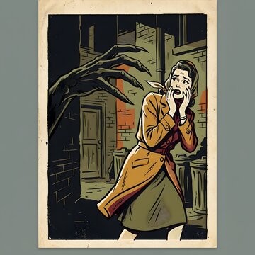 Vintage horror comic book illustration of a terrified woman escaping a monster in an alley.