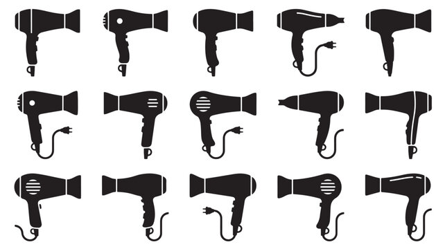 Hair dryer silhouette icons set, professional salon blow dryer vector collection, 15 black hair styling tool symbols for beauty parlor branding