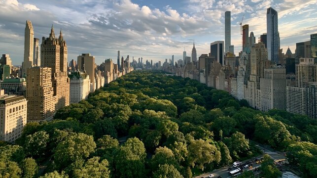 Central park green trees extending through the bustling manhattan cityscape under sunlight