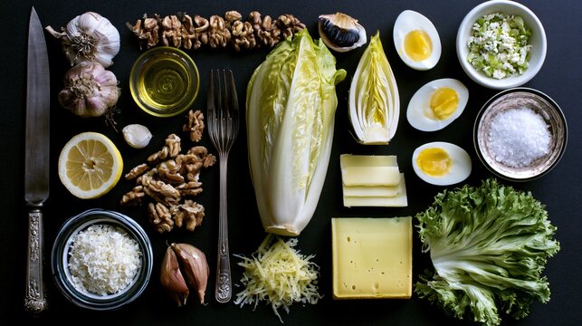 A chef mise en place featuring every ingredient required for gourmet recipes using Belgian endive arranged with exceptional precision