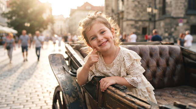 Little Girl Smiling in Vintage Horse Carriage on City Street