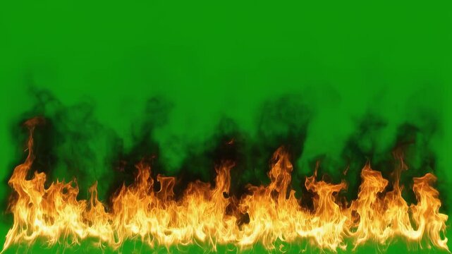 Dynamic fire line with green screen background in cinematic motion during nighttime