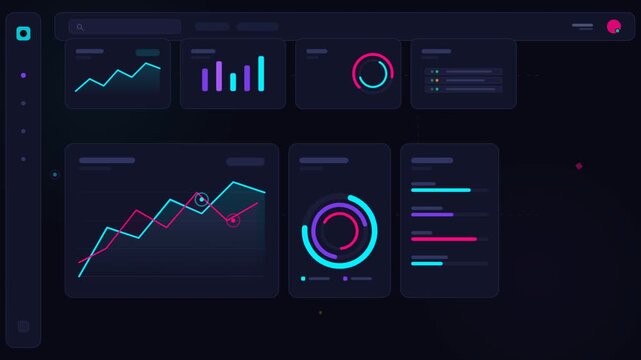 Neon analytics dashboard UI interface with data visualization charts and graphs in dark mode