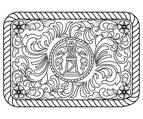 Fototapeta premium Print Western Oil Derrick Belt Buckle Vector with Ornate Floral Scrollwork and Rope Border