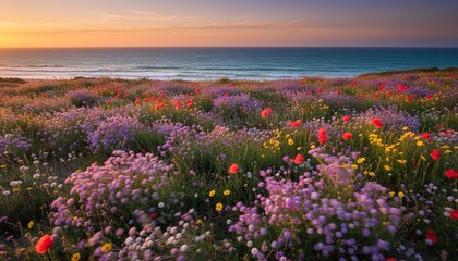 Obraz premium Vibrant wildflower meadow with poppies and sea at sunset