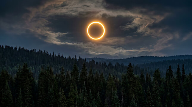Annular solar eclipse shining brightly over dark evergreen pine forest canopy