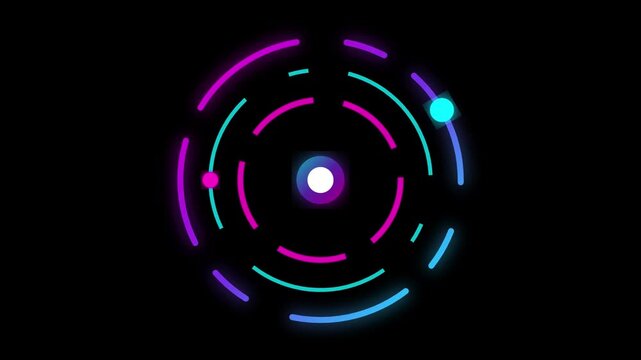 Minimalist digital graphic featuring a glowing central nucleus surrounded by concentric, broken neon circular paths in shades of pink, purple, and cyan against a deep black background.