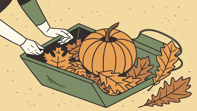 Autumn harvest scene with hands arranging pumpkin, colorful leaves and corn in a green wheelbarrow