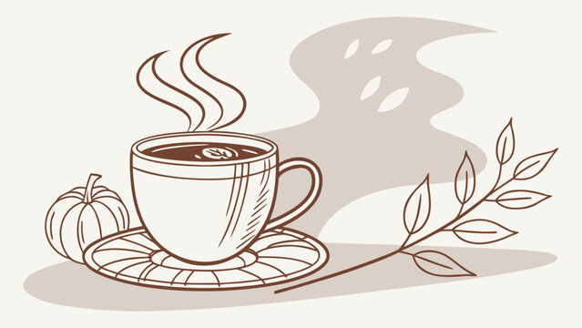 Halloween coffee cup with steaming hot drink, croissant, pumpkin, ghost shadow and autumn botanical branch