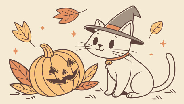 Cute cat wearing witch hat beside carved pumpkin with autumn leaves and festive halloween decorations