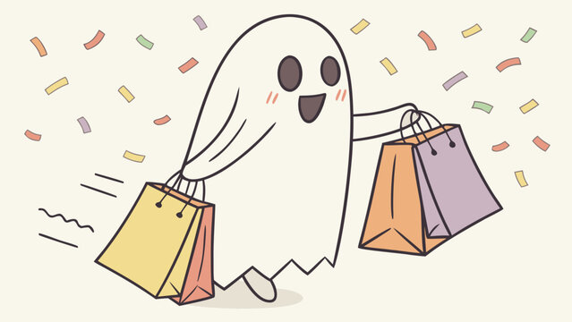 Cute ghost shopping with colorful paper bags and cheerful confetti on beige background
