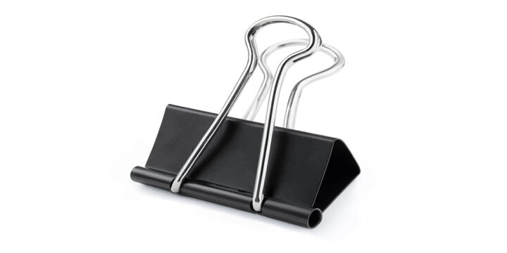 Angled black binder clip metal foldback paper clip isolated white background office supply vector illustration