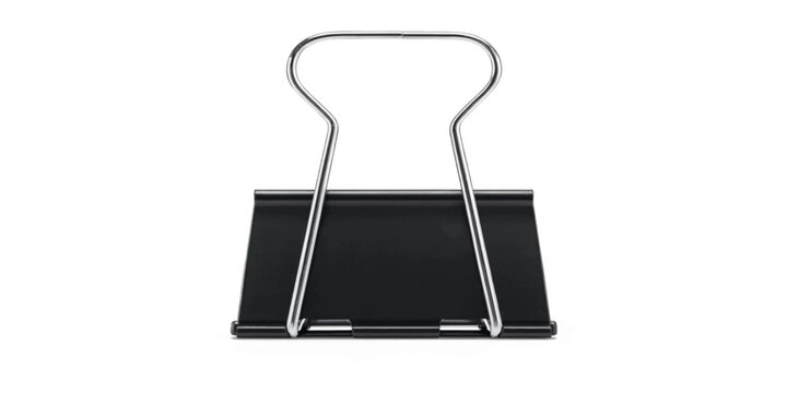 Black binder clip metal foldback paper clip isolated white background single office supply vector illustration design