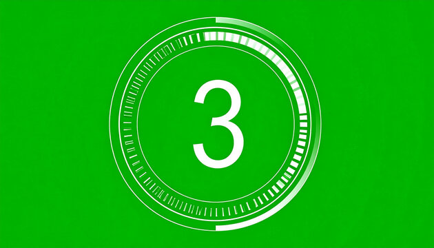 Digital Countdown Timer with Number 3 Displayed on a Vibrant Green Screen Background Futuristic Interface Element