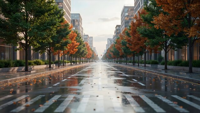 Wet city street reflecting orange tree canopy and office lights &ndash; Great for urban commuting, commercial real estate, and autumn city life.