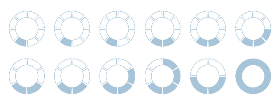 Circular Loading Spinner and Progress Indicator Collection with Light Blue Segmented Rings Showing Different Completion Levels for UI and Dashboard Designs Editable EPS Vector Illustration
