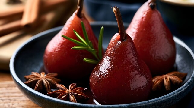 Three glossy spiced poached pears in a dark bowl with star anise and rosemary garnish  warm and inviting presentation
