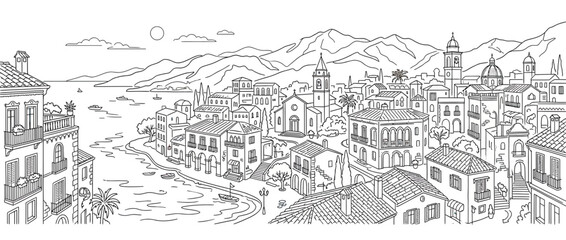 Fototapeta premium Coastal Town Village Landscape Line Drawing