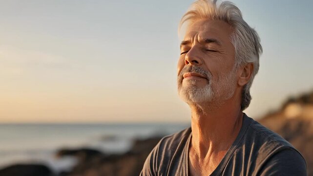 Senior Man Practicing Mindful Breathing and Relaxation Outdoors by the Sea