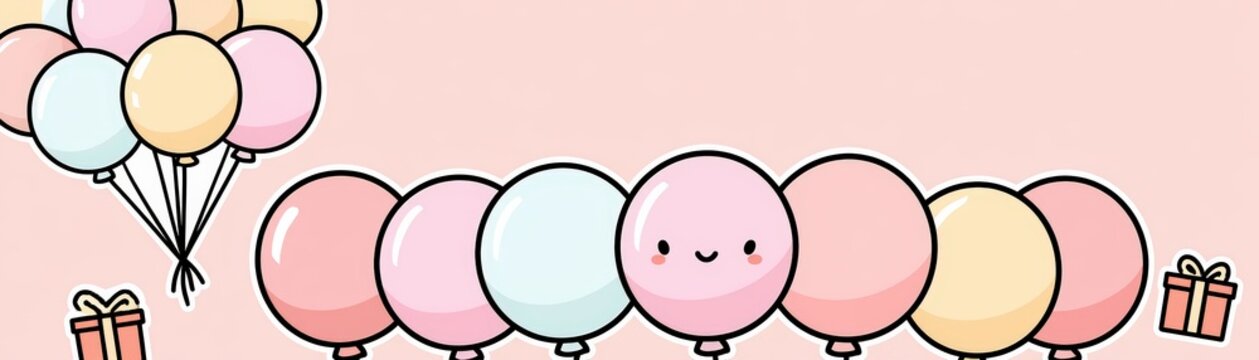 Cute cartoon balloons in pastel colors with smiling faces, holding gifts on a soft pink background, hand drawn kid friendly background