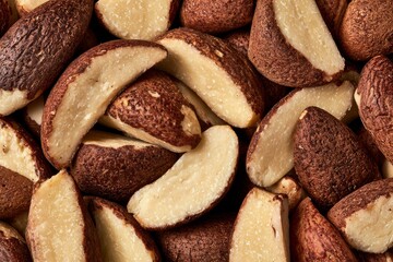 Obraz premium Brazil nuts arranged in a pile showing the brown shells and white inner nuts after being harvested and processed