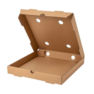Open empty brown cardboard pizza box isolated on transparent surface.