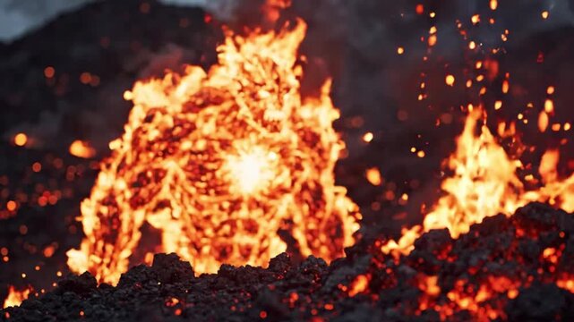 Fiery lava monster emerging from burning volcanic ground in flames and glowing embers.