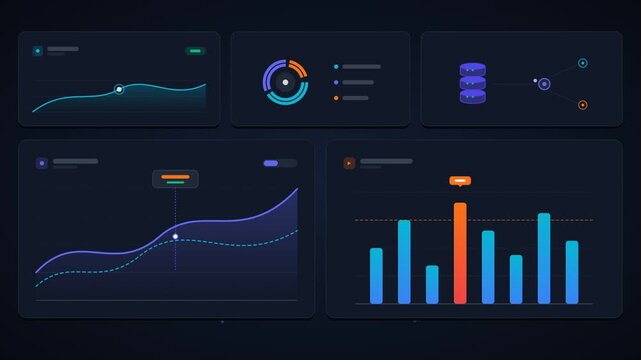 Futuristic dark UI design with glowing charts, graphs, and data visualization elements for modern analytics