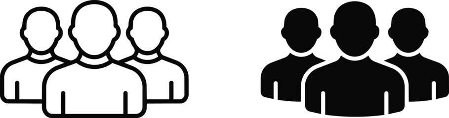 Fototapeta premium Minimalist people icons, black outline and solid group symbols, team vector set