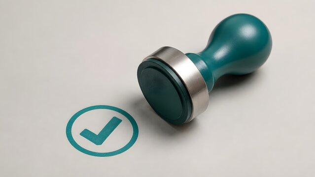 Green wooden rubber stamp with checkmark imprint on paper for official document approval and certified business validation concept