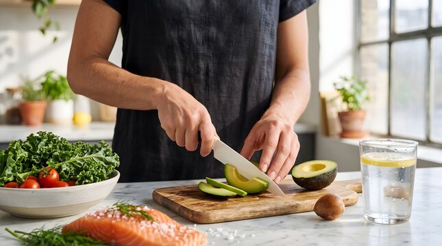 Person slicing fresh ripe avocado with ceramic knife on rustic wooden kitchen board.