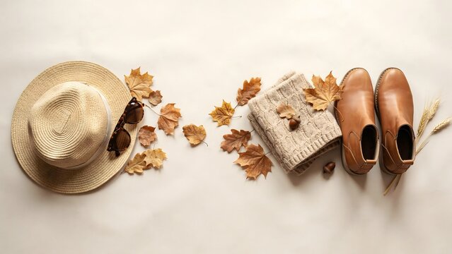 Straw hat sunglasses knit scarf and leather boots flat lay &ndash; Ideal for fashion e-commerce, seasonal shopping guides, and style blogs.