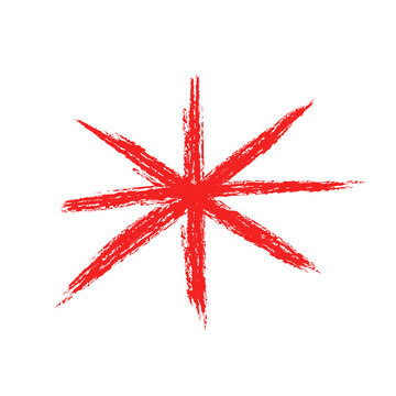 Red hand drawn grunge ink brush asterisk starburst symbol isolated on black background vector illustration